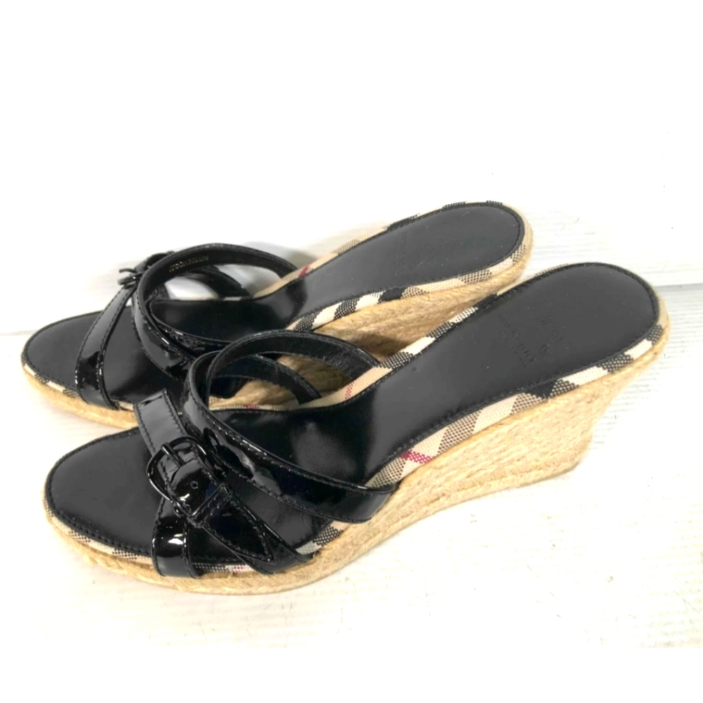 Burberry Womens Nova Check Black Leather Italy Slip On Wedge Heel Sandals Sz 39 - Picture 3 of 9